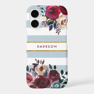 Dusty Blue Boho Floral Stripe Monogram
