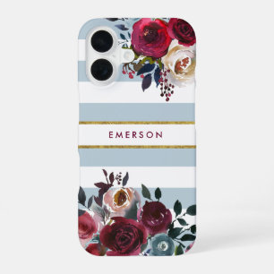 Dusty Blue Boho Floral Stripe Monogram iPhone 16 Case
