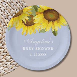 Dusty Blue Boho Floral Sunflower Baby Girl Shower Paper Plate