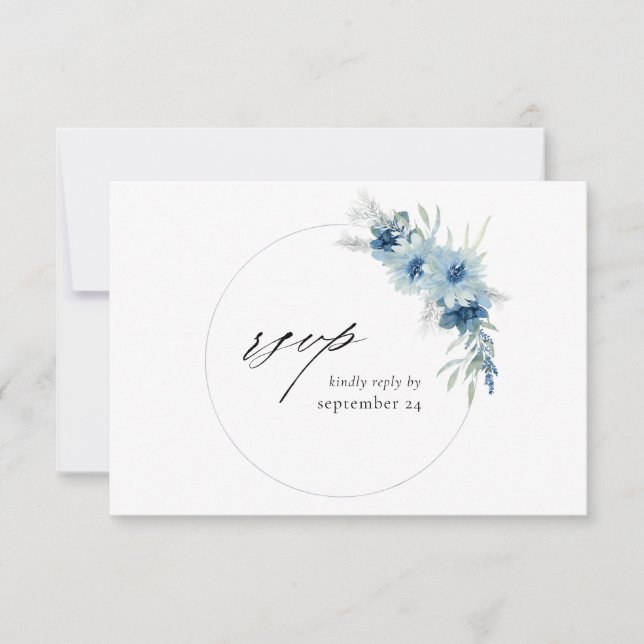 Dusty Blue Boho Floral w Meal RSVP Card (Front)