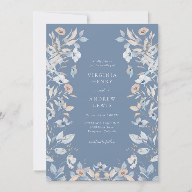 Dusty Blue Boho Floral Wedding Invitation (Front)
