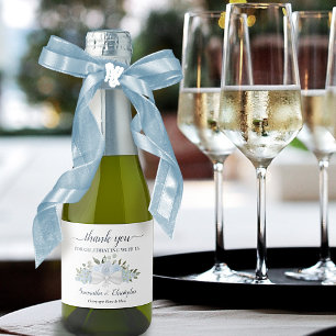 Dusty Blue Boho Floral Wedding Thank You Mini Sparkling Wine Label