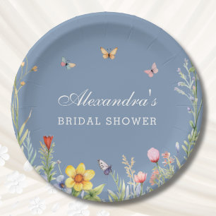 Dusty Blue Boho Floral Wildflower Bridal Shower Paper Plate