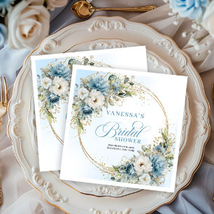 Dusty blue boho florals gold glitter frame napkins