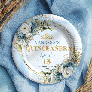 Dusty Blue Boho Greenery Gold Glitter Quinceañera Paper Plate