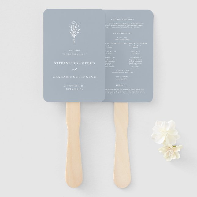 Dusty Blue Boho Minimalist Botanicals Wedding Hand Fan (Front and Back)