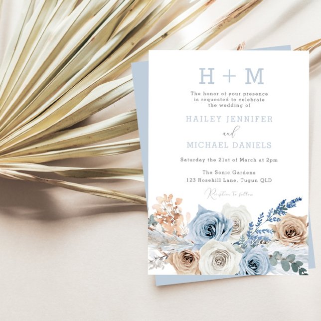 Dusty Blue Boho Monogram Wedding Invitation (Creator Uploaded)
