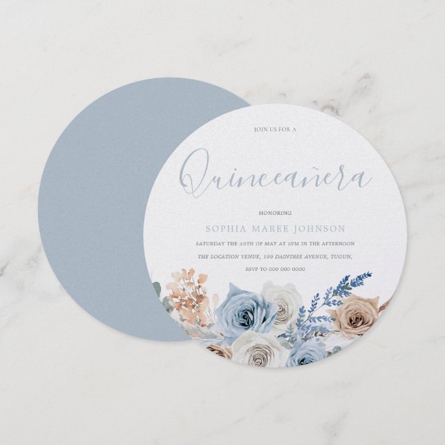 Dusty Blue Boho Pear Shimmer Quinceanera Party Invitation (Front/Back)