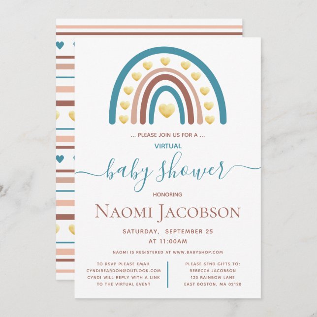 Dusty Blue Boho Rainbow Virtual Baby Shower Invitation (Front/Back)
