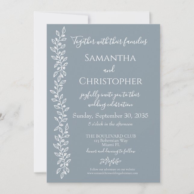 Dusty Blue Boho Romantic Botanical Minimal Wedding Invitation (Front)