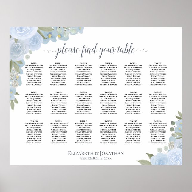Dusty Blue Boho Roses 18 Table Seating Chart (Front)