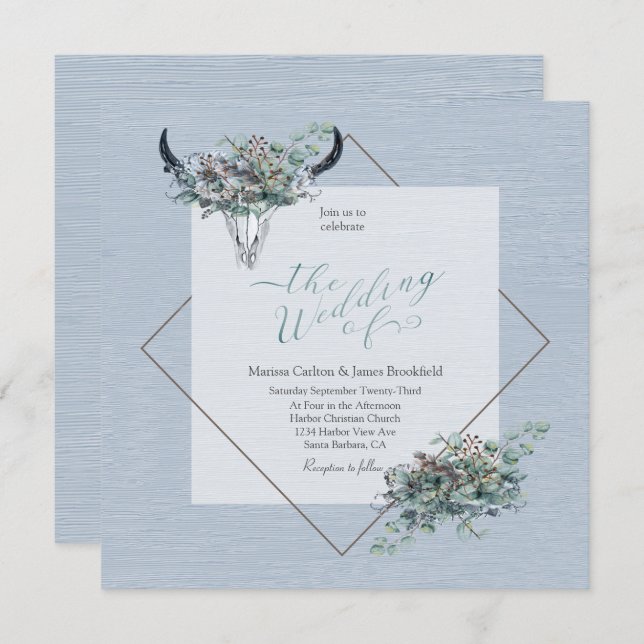 Dusty Blue Boho Rustic Cow skull with flowers Invitation (Front/Back)
