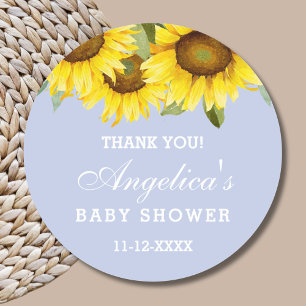 Dusty Blue Boho Sunflower Baby Shower Thank You  Classic Round Sticker