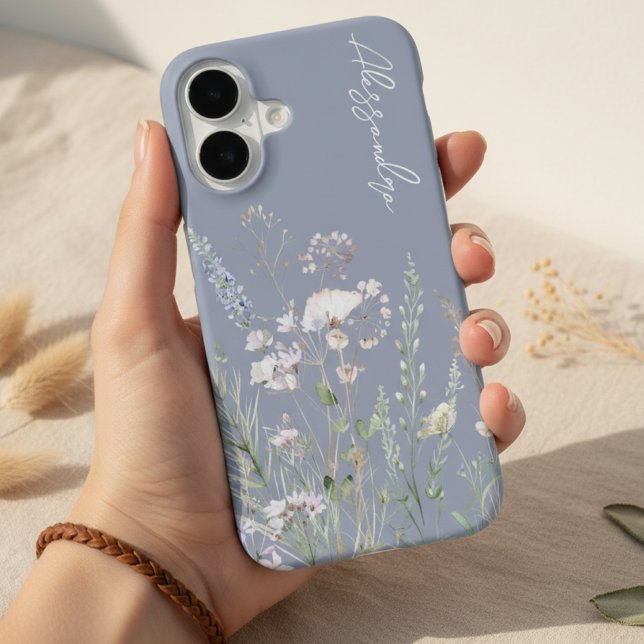 Dusty Blue Boho Watercolor Wildflowers iPhone 16 Case (Creator Uploaded)