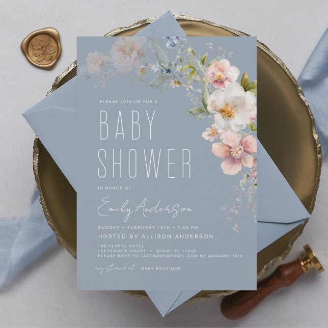 Dusty Blue Boho Wildflower Baby Shower Invitation (Creator Uploaded)