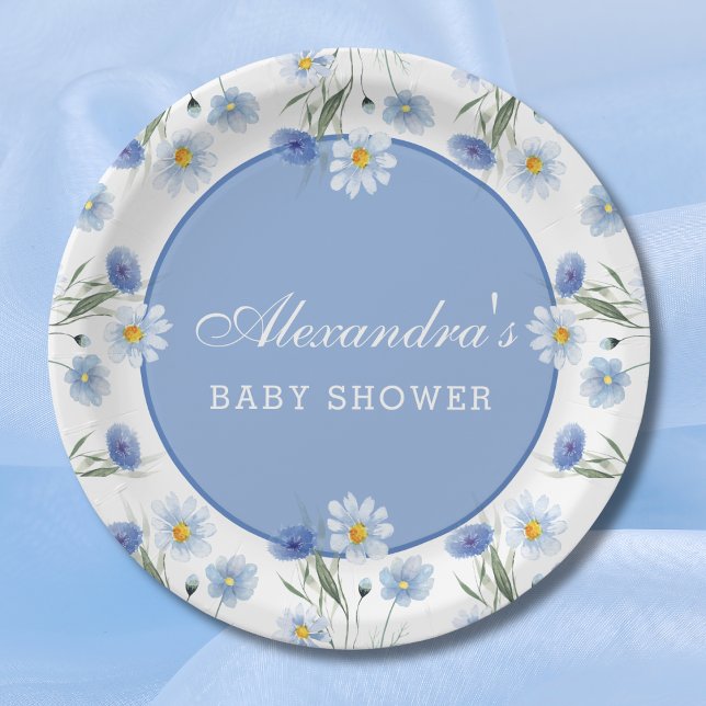 Dusty Blue Boho Wildflower Baby Shower Paper Plate (Creator Uploaded)