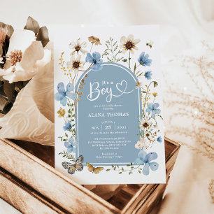 Dusty Blue Boho Wildflower Boy Baby Shower Invitation