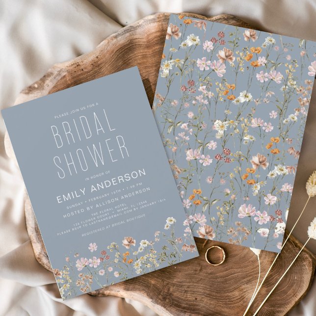 Dusty Blue Boho Wildflower Bridal Shower Elegant Invitation (Creator Uploaded)
