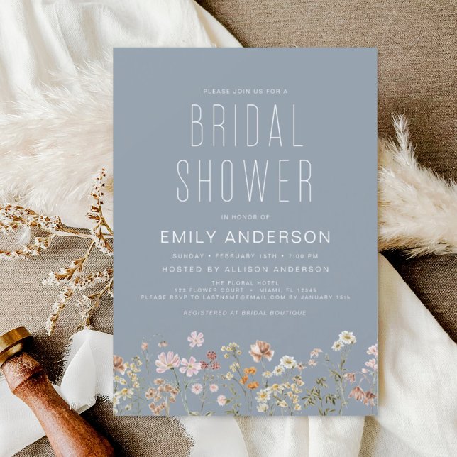 Dusty Blue Boho Wildflower Bridal Shower Elegant Invitation (Creator Uploaded)