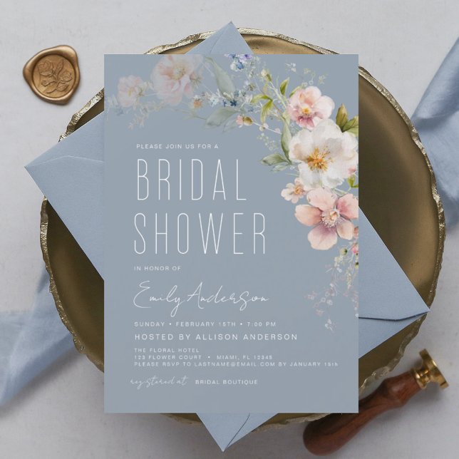 Dusty Blue Boho Wildflower Bridal Shower Elegant Invitation (Creator Uploaded)
