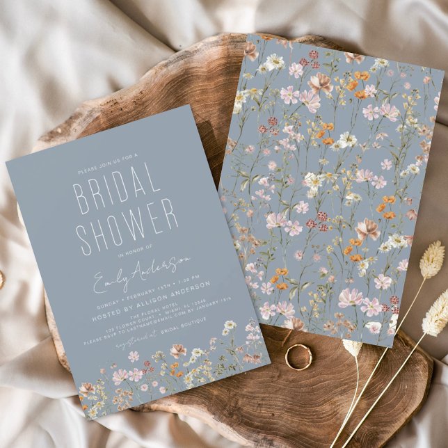 Dusty Blue Boho Wildflower Bridal Shower Elegant Invitation (Creator Uploaded)