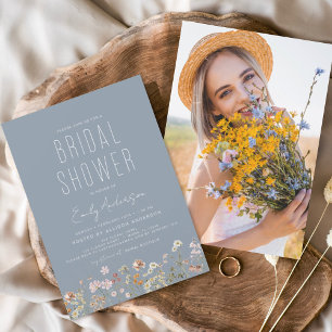 Dusty Blue Boho Wildflower Bridal Shower Photo Invitation