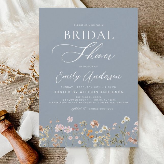 Dusty Blue Boho Wildflower Bridal Shower Script Invitation (Creator Uploaded)