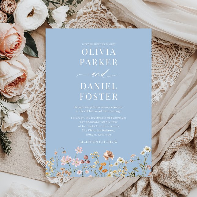 Dusty Blue Boho Wildflower Minimalist Wedding  Invitation (Creator Uploaded)