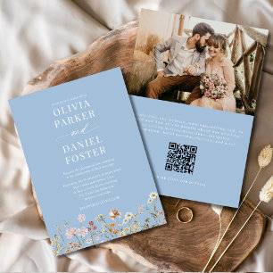 Dusty Blue Boho Wildflower QR Code Photo Wedding  Invitation