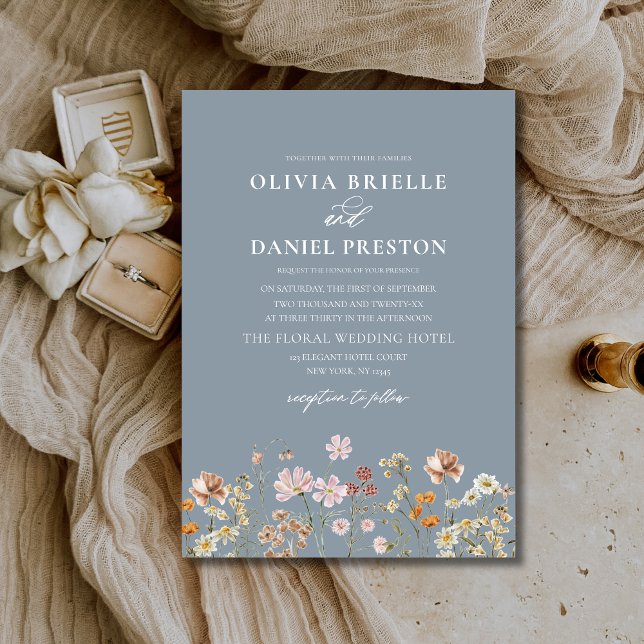 Dusty Blue Boho Wildflower Rustic Garden Wedding Invitation (Creator Uploaded)