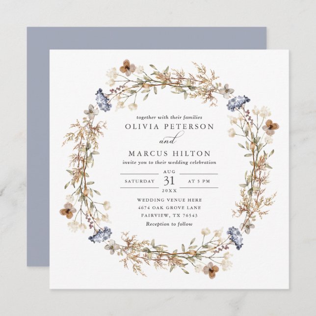 Dusty Blue Boho Wildflower Wedding Invitation (Front/Back)