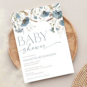 Dusty blue boho wildflowers boy baby shower invitation