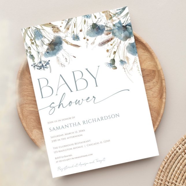 Dusty blue boho wildflowers boy baby shower invitation (Creator Uploaded)