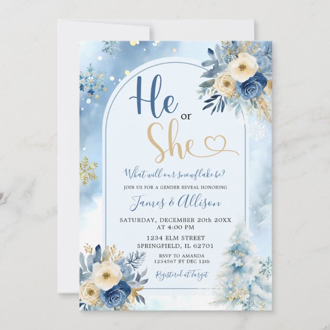 Dusty Blue Boho Winter Gender Reveal Floral Invitation (Front)