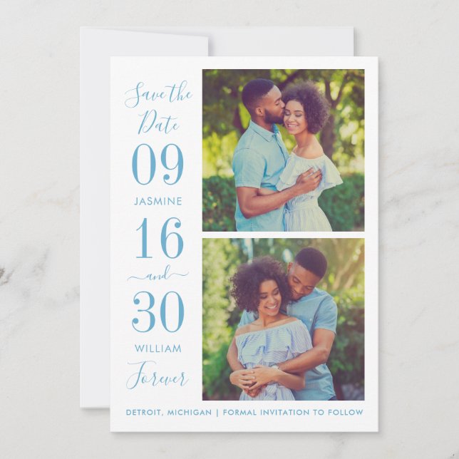 Dusty Blue Bold Date Two Photo Forever Wedding Save The Date (Front)