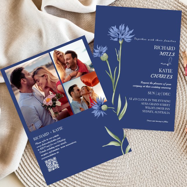 Dusty blue Bold Floral stylish Qr code wedding  In Invitation (Creator Uploaded)