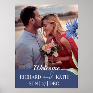 Dusty Blue Bold Floral Stylish QR Code Wedding Poster