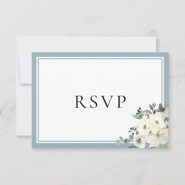 Dusty Blue Border Elegant Menu Choice RSVP Card (Front)