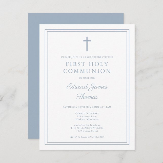 Dusty Blue Border First Holy Communion Invitation Postcard (Front/Back)