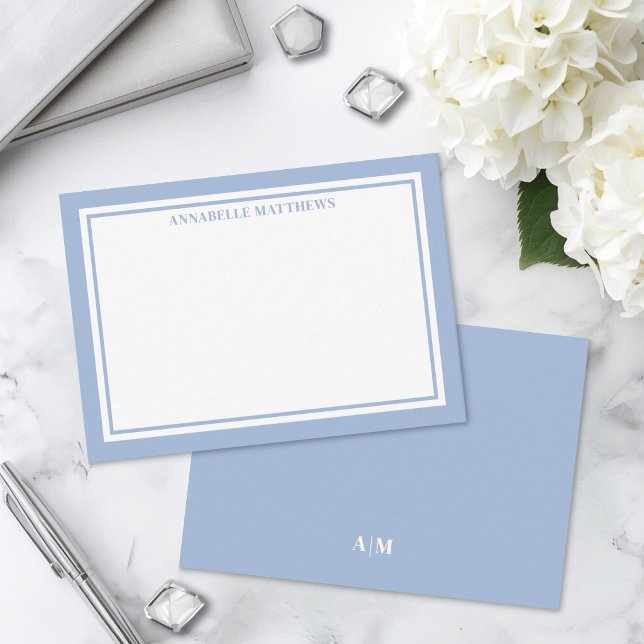 Dusty Blue Border Minimalist Name Monogram Card (Dusty Blue Border Minimalist Name Monogram Note Card )