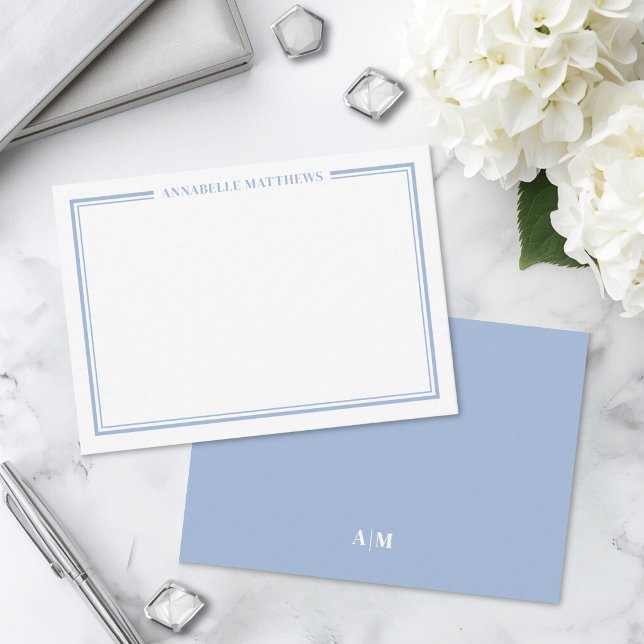 Dusty Blue Border Minimalist Name Monogram Card (Dusty Blue Border Minimalist Name Monogram Note Card)