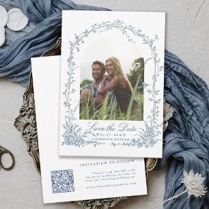 Dusty Blue Botanical Arch Garden Wedding Photo Save The Date