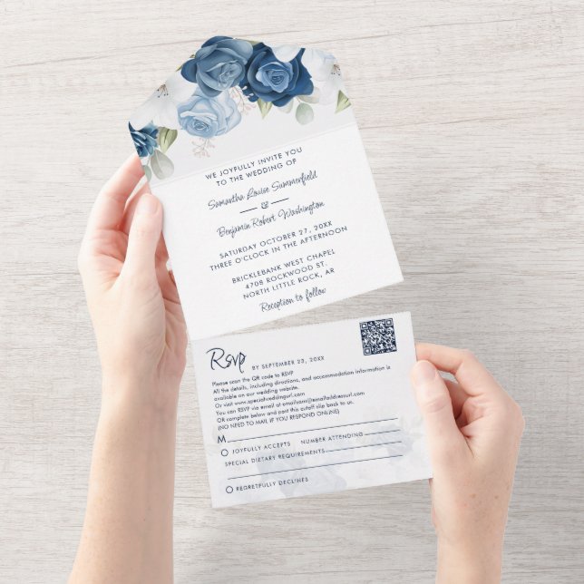 Dusty Blue Botanical Bloom Script Wedding All In One Invitation (Tearaway)