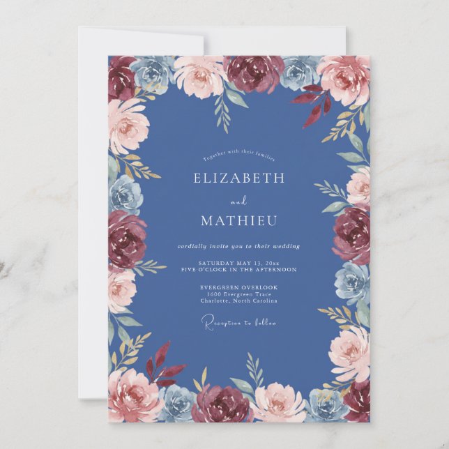 Dusty Blue Botanical Bloom Wedding Invitation (Front)