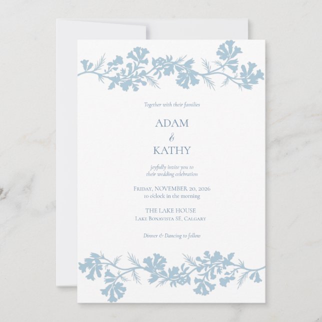 Dusty Blue Botanical Branch Wedding Invitation (Front)
