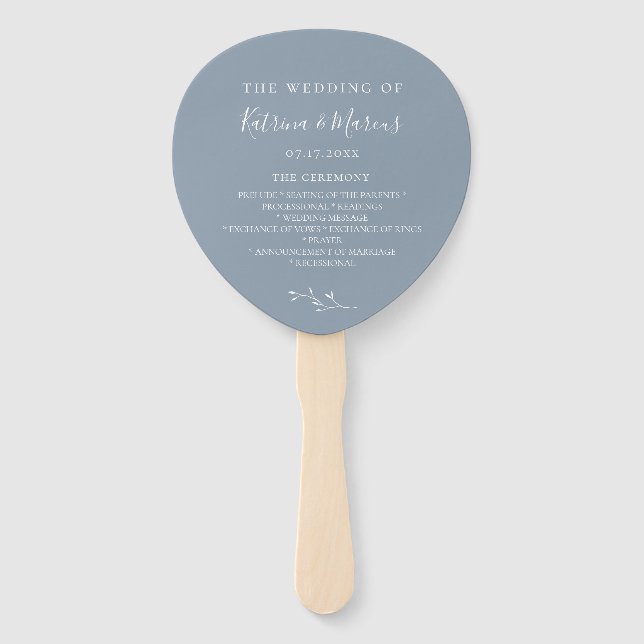 Dusty Blue Botanical Branch Wedding Program Hand Fan (Front)