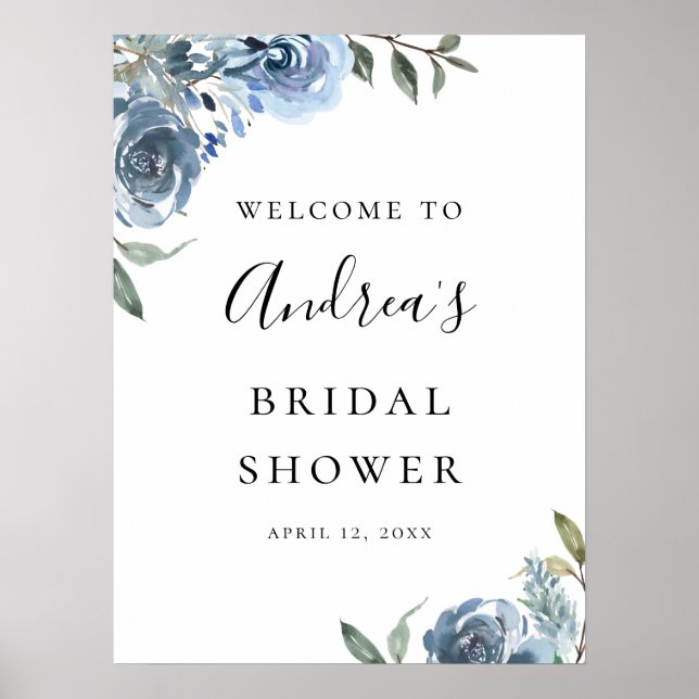 Dusty Blue Botanical Bridal Shower Welcome Poster (Front)