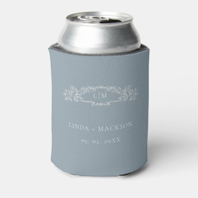 Dusty Blue botanical crest monogram wedding Can Cooler (Can Back)