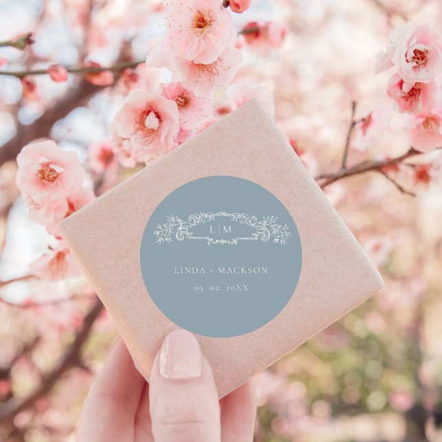 Dusty Blue botanical crest monogram wedding Classic Round Sticker (Creator Uploaded)