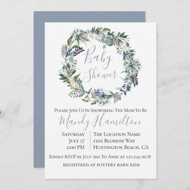 Dusty Blue Botanical Floral Baby Shower Invitation (Front/Back)